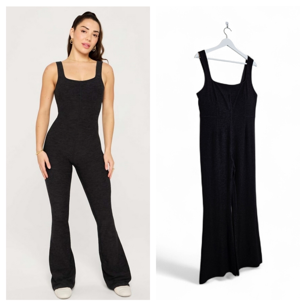 Fabletics HeatherFlex Kick Flare Jumpsuit Black Purple Built-In Bra Athleisure M